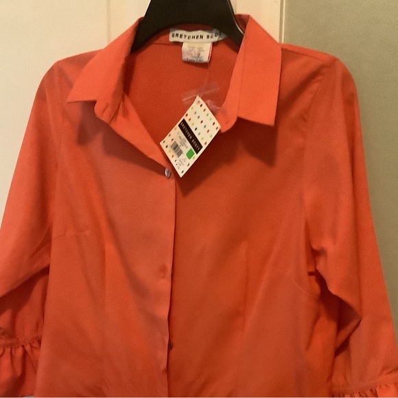 Gretchen Scott NWT Med. orange Blouse 3/4 Sleeves Semi Fitted Ruffled Cu… - Picture 3 of 10